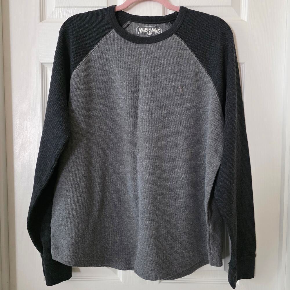 American Eagle Gray Thermal Waffle Knit Long-sleeved Men's Shirt Large